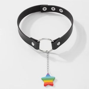 🆕Rainbow Star Pendant Leather Choker Collar Necklace